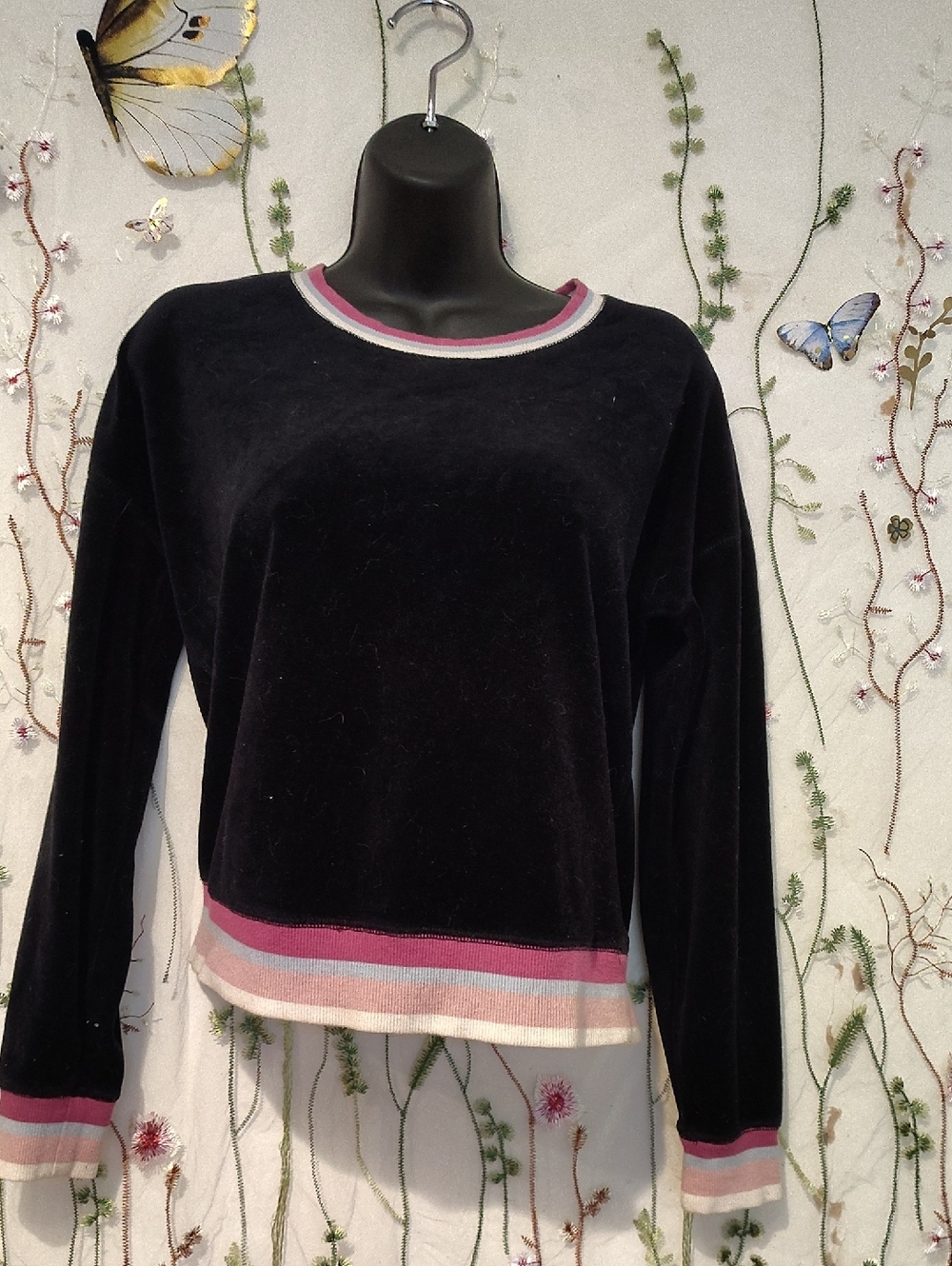 Vintage Hippie Rose Black Velvet Sweater with Pink and Cream Stripe Trim Fun 70'